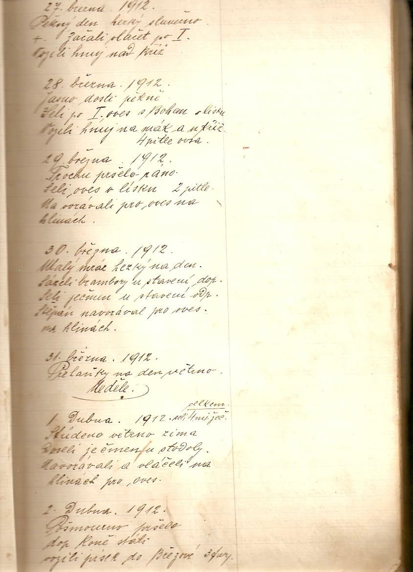 Stránka z deníku pana Bárty kde píše o práci na statku.